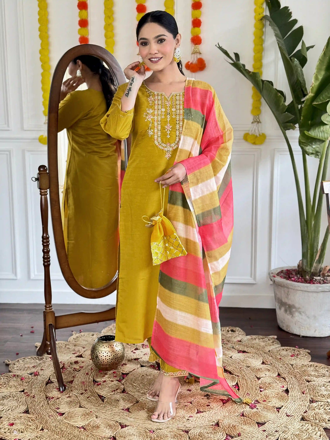 Stunning Mustard Suit | Viscose Chanderi top bottom with Linen dupatta