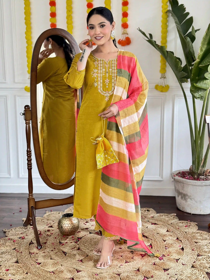 Stunning Mustard Suit | Viscose Chanderi top bottom with Linen dupatta