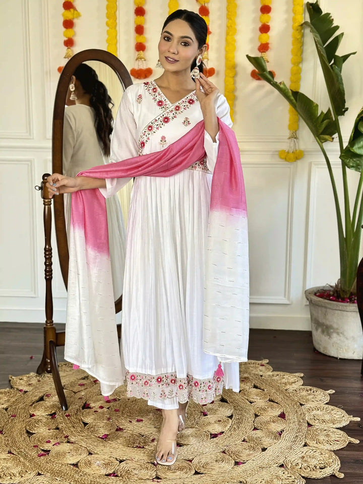 White Ethnic Salwar Suit | Embroidered Chanderi with Luxurious Silk Dupatta