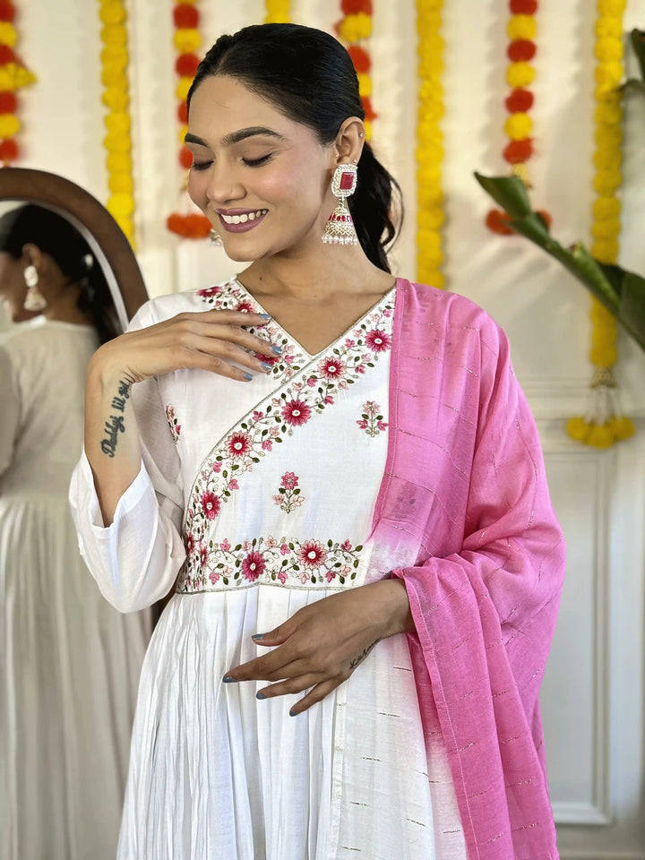 White Ethnic Salwar Suit | Embroidered Chanderi with Luxurious Silk Dupatta