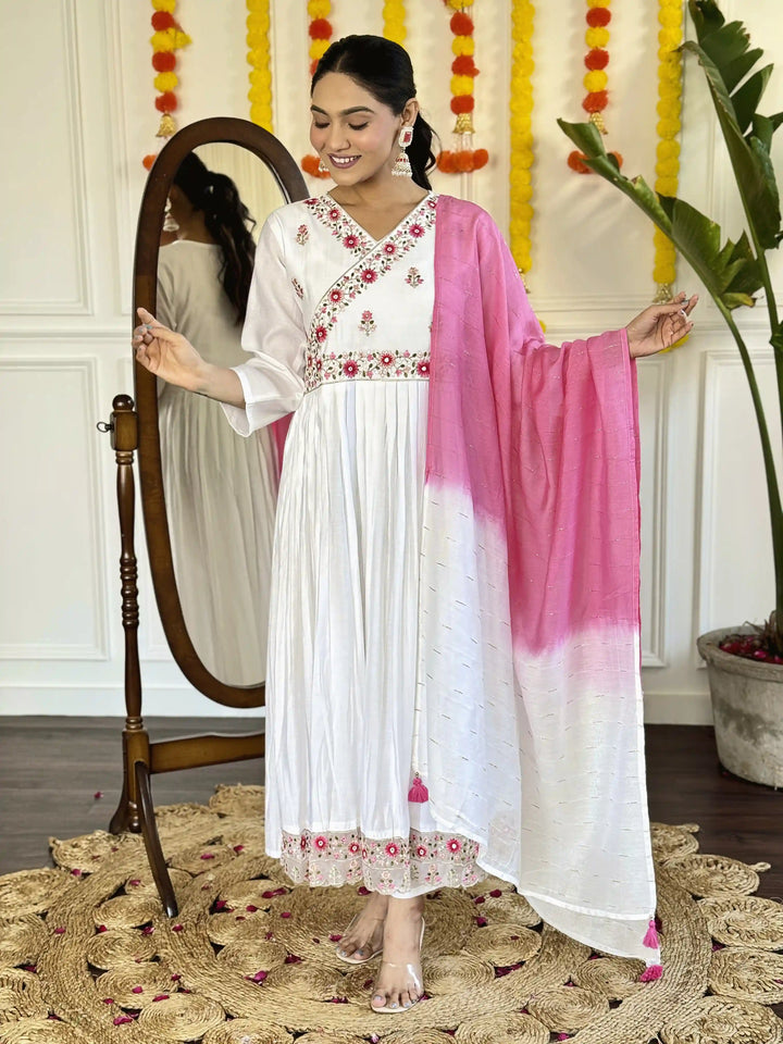 White Ethnic Salwar Suit | Embroidered Chanderi with Luxurious Silk Dupatta