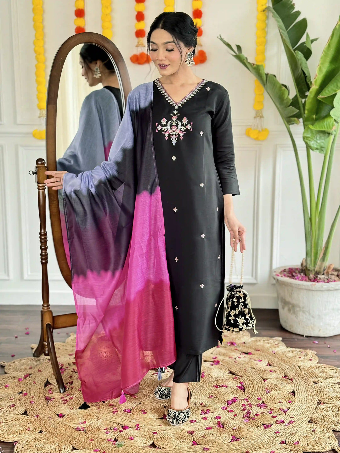 Gorgeous Black Ethnic Suit | Viscose Chanderi Designer Work