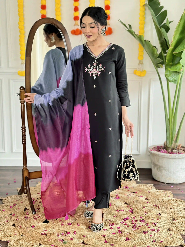 Gorgeous Black Ethnic Suit | Viscose Chanderi Designer Work