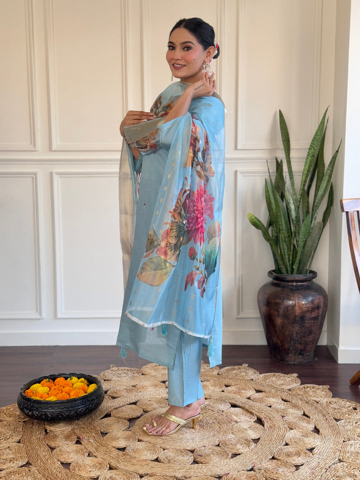 Classic Sky Blue Embroidered Suit | Chanderi Fabric with Elegant Printed Design