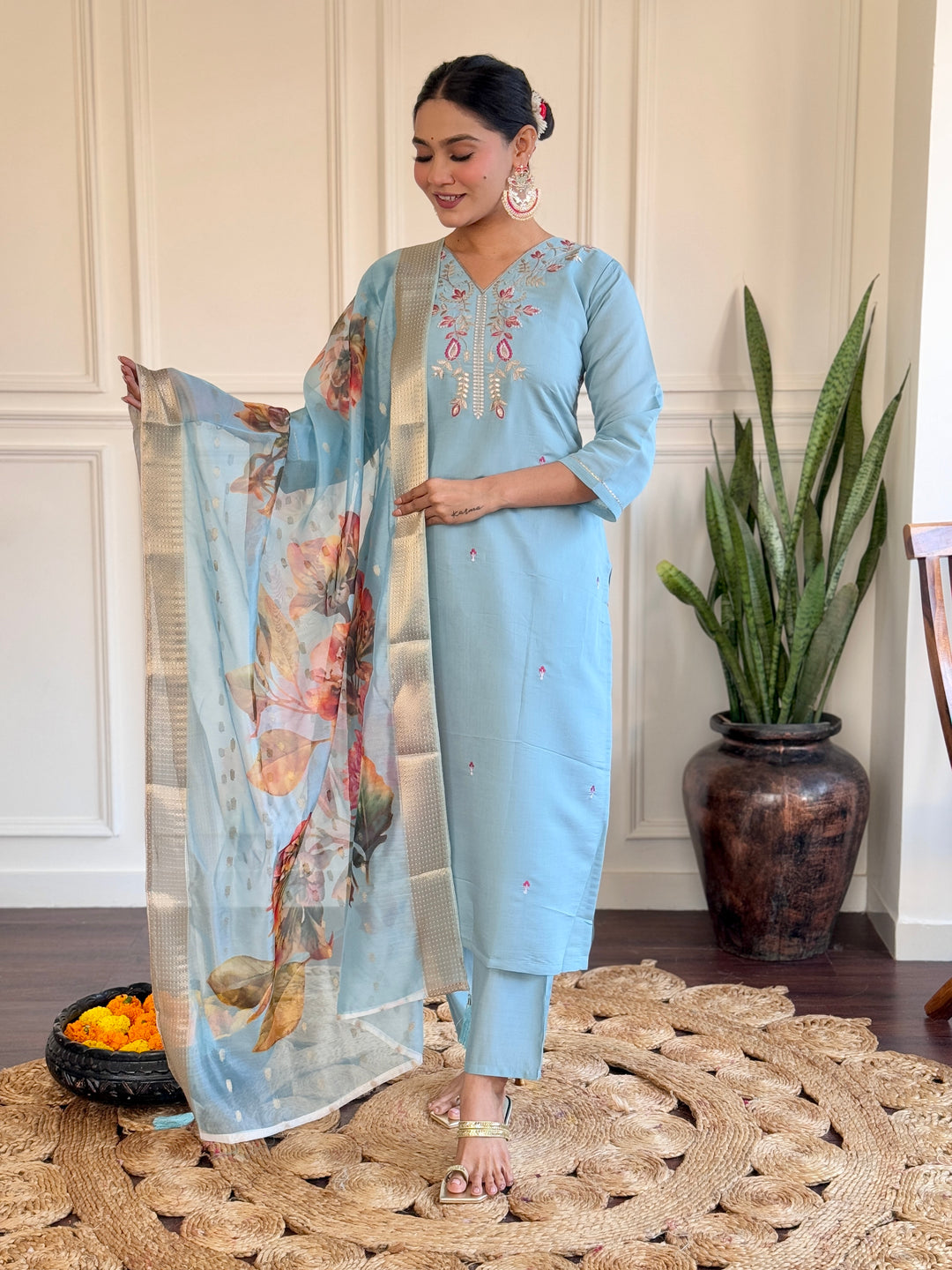 Classic Sky Blue Embroidered Suit | Chanderi Fabric with Elegant Printed Design