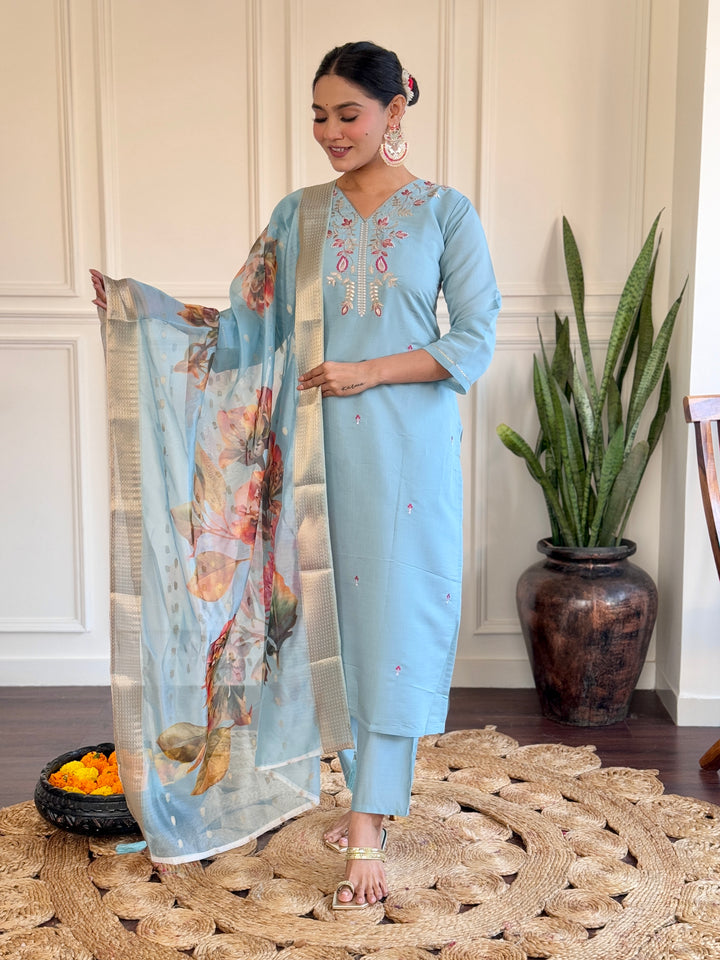 Classic Sky Blue Embroidered Suit | Chanderi Fabric with Elegant Printed Design