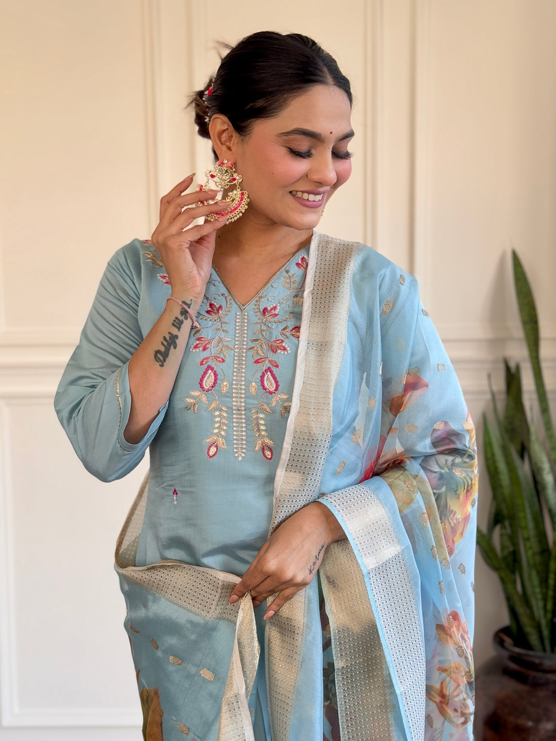 Classic Sky Blue Embroidered Suit | Chanderi Fabric with Elegant Printed Design