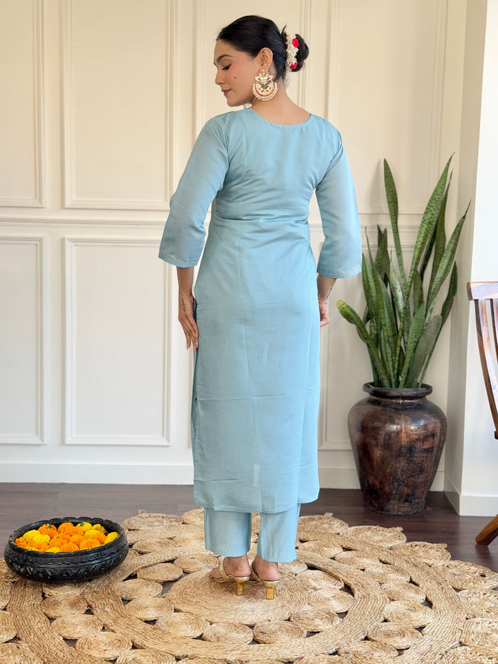 Classic Sky Blue Embroidered Suit | Chanderi Fabric with Elegant Printed Design