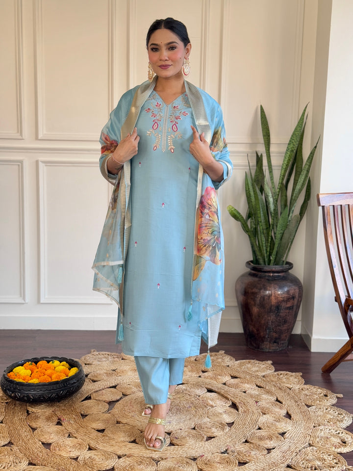 Classic Sky Blue Embroidered Suit | Chanderi Fabric with Elegant Printed Design