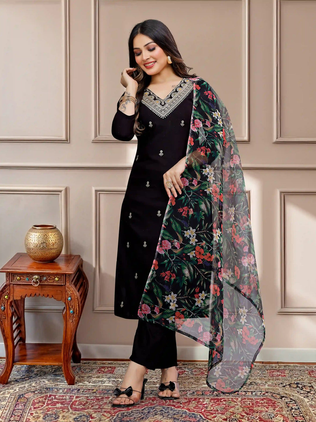 Classic Black Readymade Suit | Elegant Print & Embroidery Work