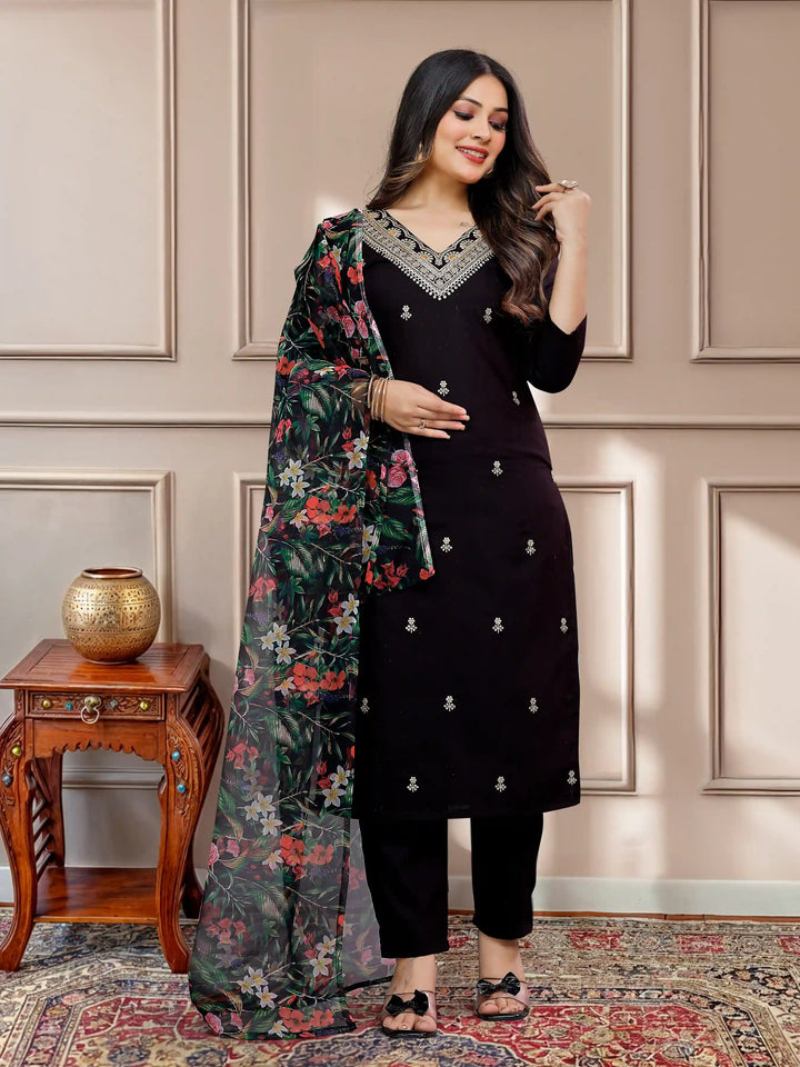 Classic Black Readymade Suit | Elegant Print & Embroidery Work