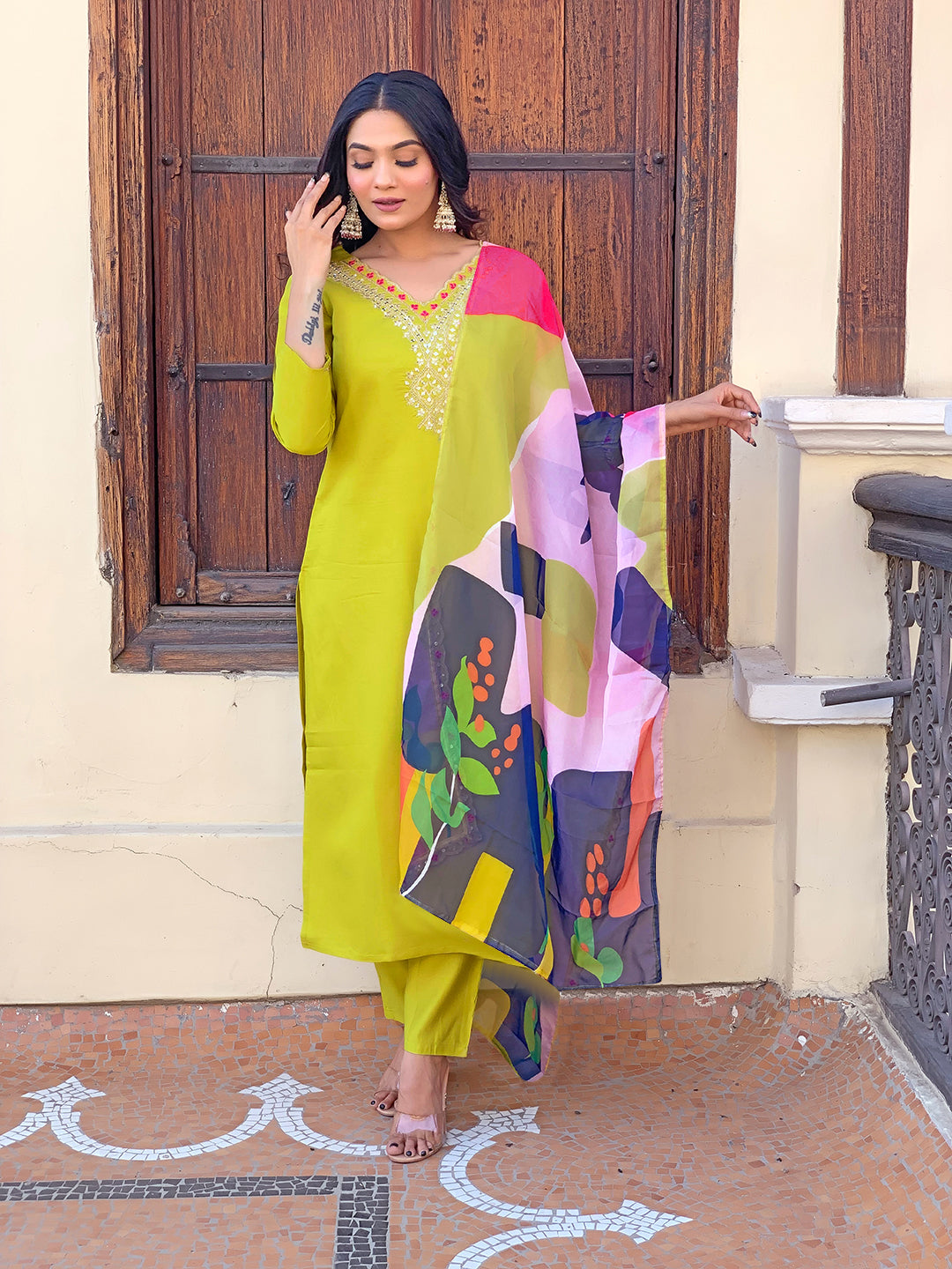 Stunning Lemon Rayon Suit | Embroidered & Printed Work with Silk Dupatta