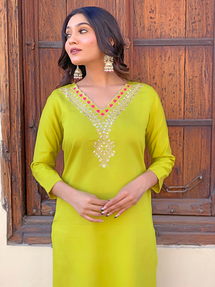 Stunning Lemon Rayon Suit | Embroidered & Printed Work with Silk Dupatta