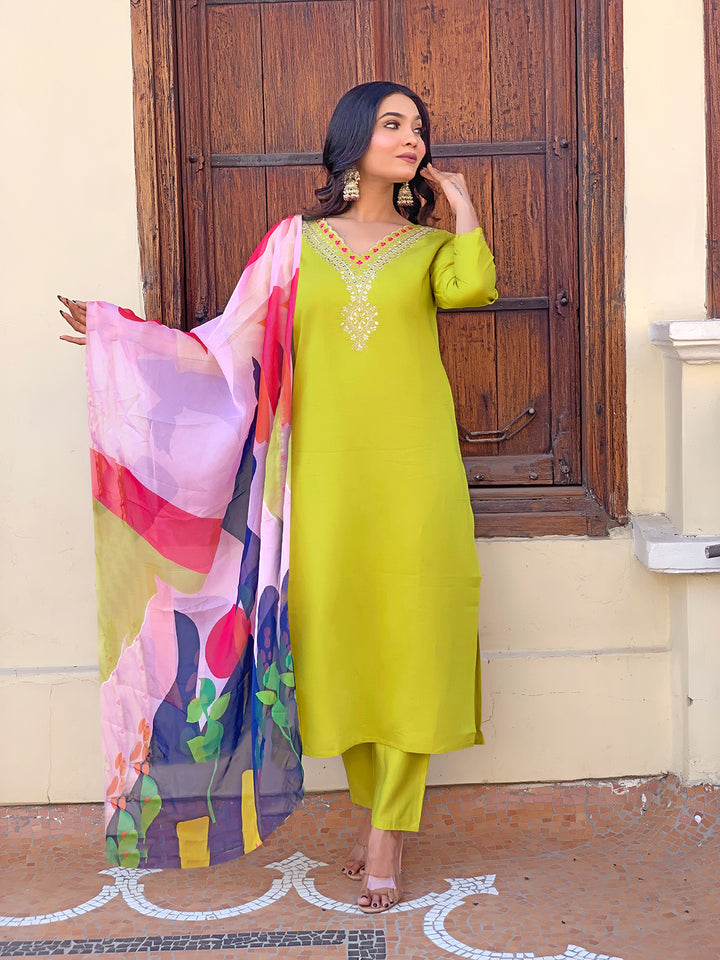 Stunning Lemon Rayon Suit | Embroidered & Printed Work with Silk Dupatta