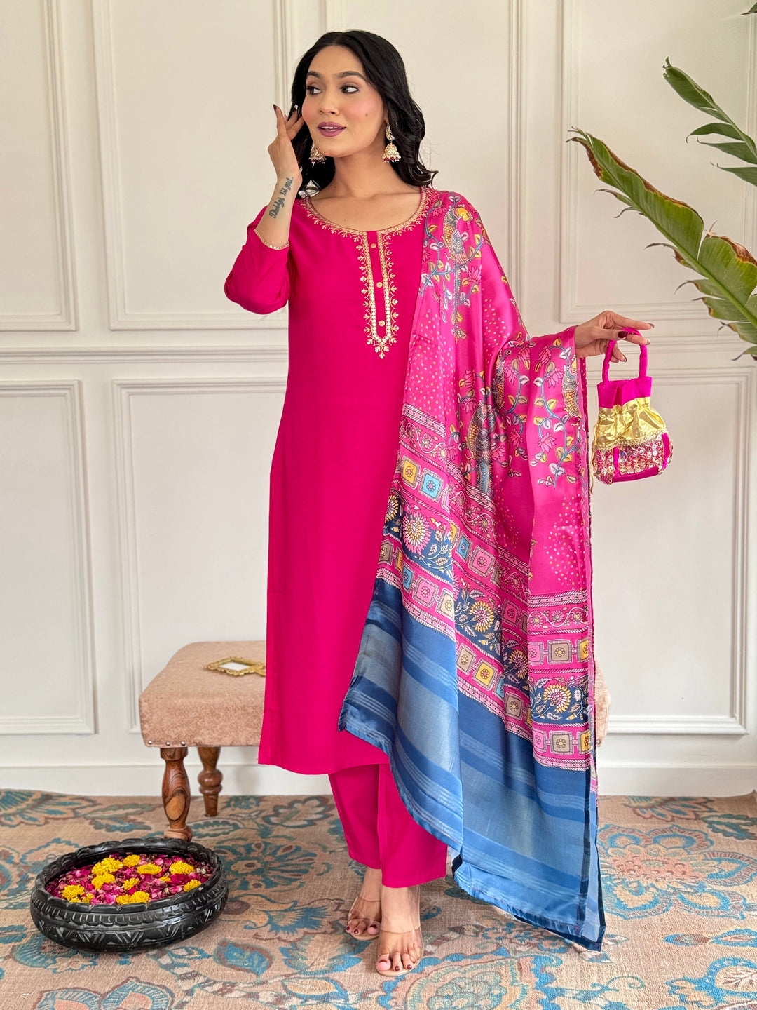 Gajri Color Readymade Suit | Stunning Jacquard Silk Dupatta