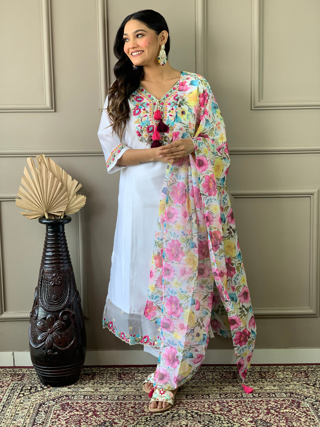White Chanderi Suit Embroidery & Print | Classic Organza Dupatta