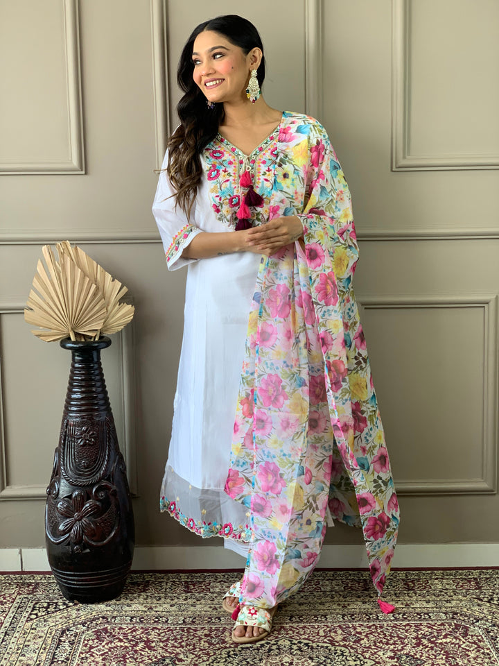 White Chanderi Suit Embroidery & Print | Classic Organza Dupatta