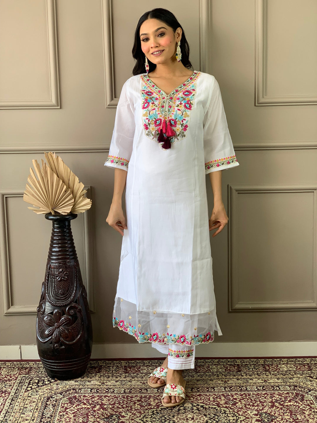 White Chanderi Suit Embroidery & Print | Classic Organza Dupatta