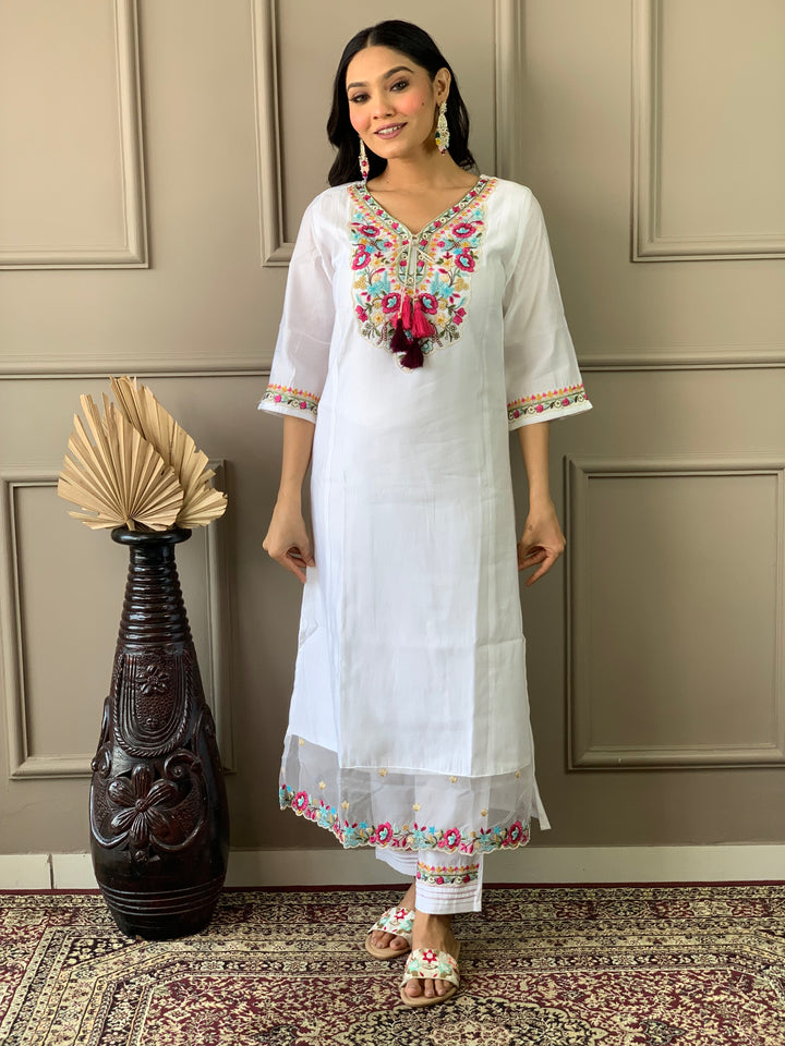 White Chanderi Suit Embroidery & Print | Classic Organza Dupatta