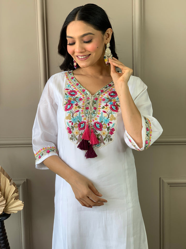 White Chanderi Suit Embroidery & Print | Classic Organza Dupatta