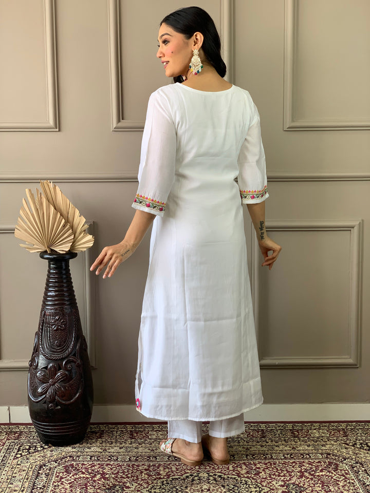 White Chanderi Suit Embroidery & Print | Classic Organza Dupatta