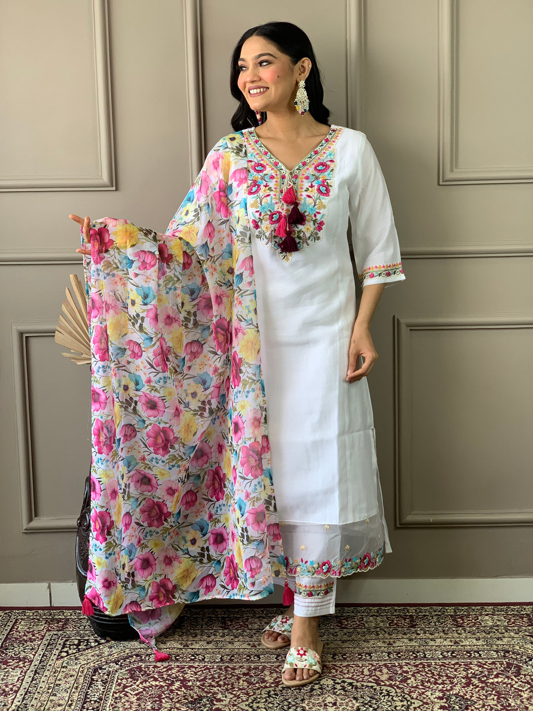 White Chanderi Suit Embroidery & Print | Classic Organza Dupatta
