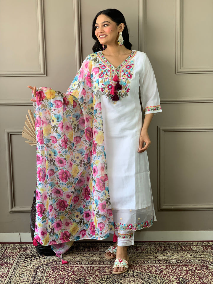 White Chanderi Suit Embroidery & Print | Classic Organza Dupatta