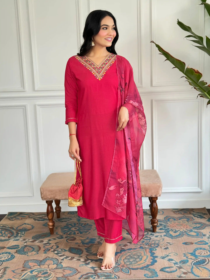 Stylish Ruby Red Suit | Printed & Embroidered Work for Women
