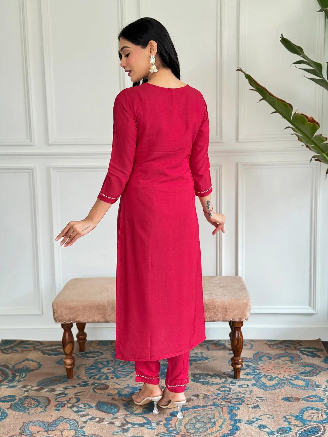 Stylish Ruby Red Suit | Printed & Embroidered Work for Women