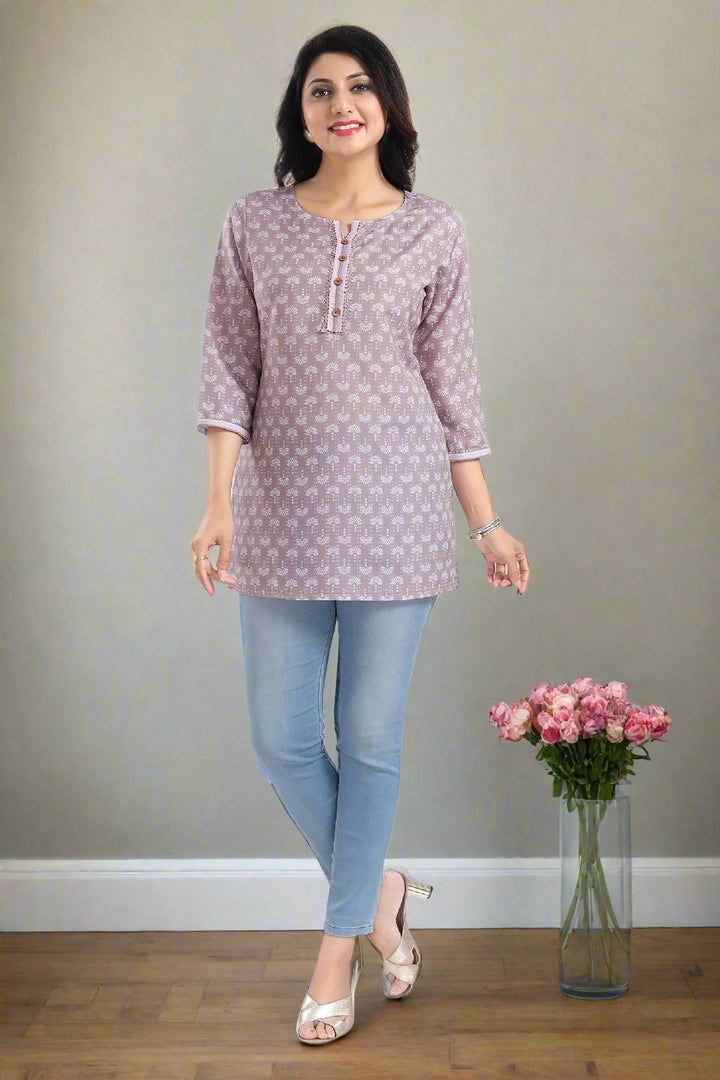 Elegant Dusty Pink Short Kurti | Designer Printed Rayon Fabric