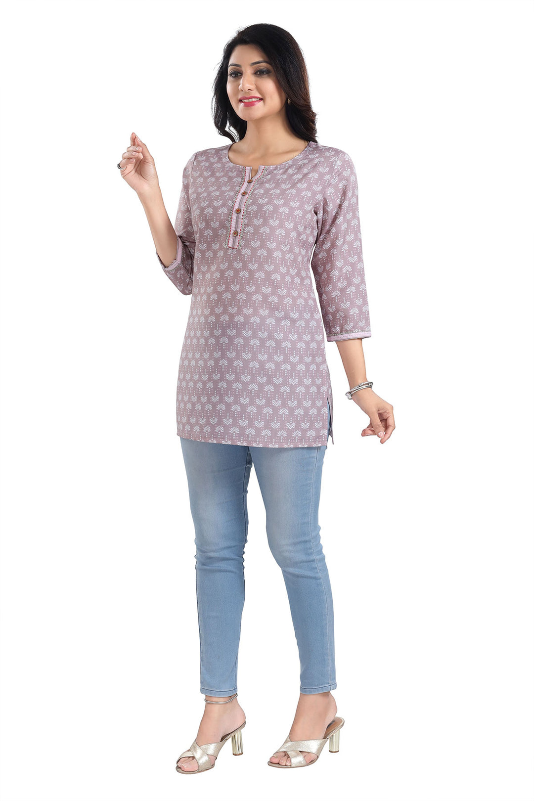 Elegant Dusty Pink Short Kurti | Designer Printed Rayon Fabric