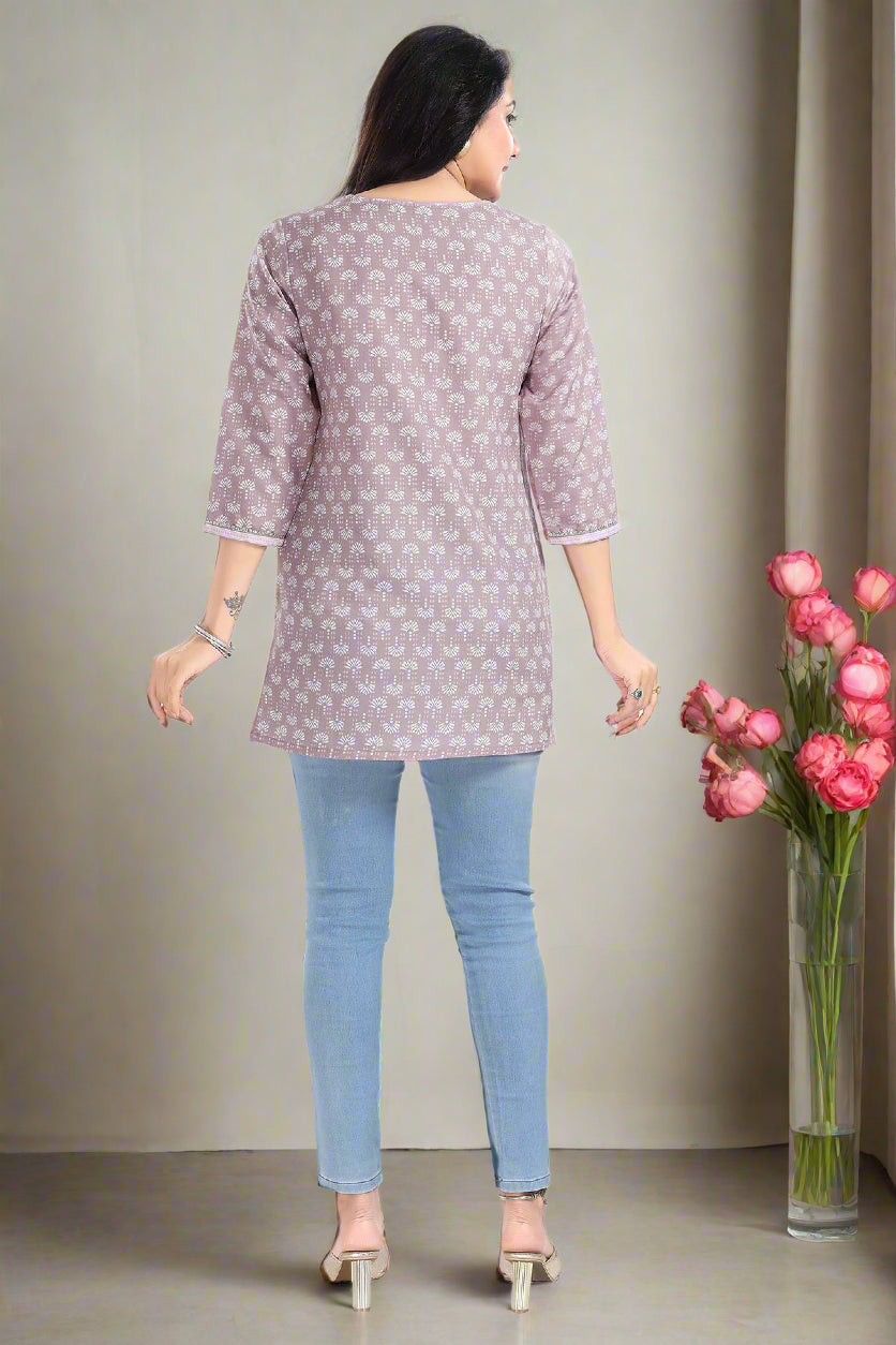 Elegant Dusty Pink Short Kurti | Designer Printed Rayon Fabric