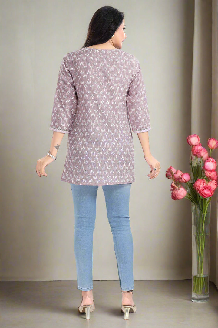 Elegant Dusty Pink Short Kurti | Designer Printed Rayon Fabric