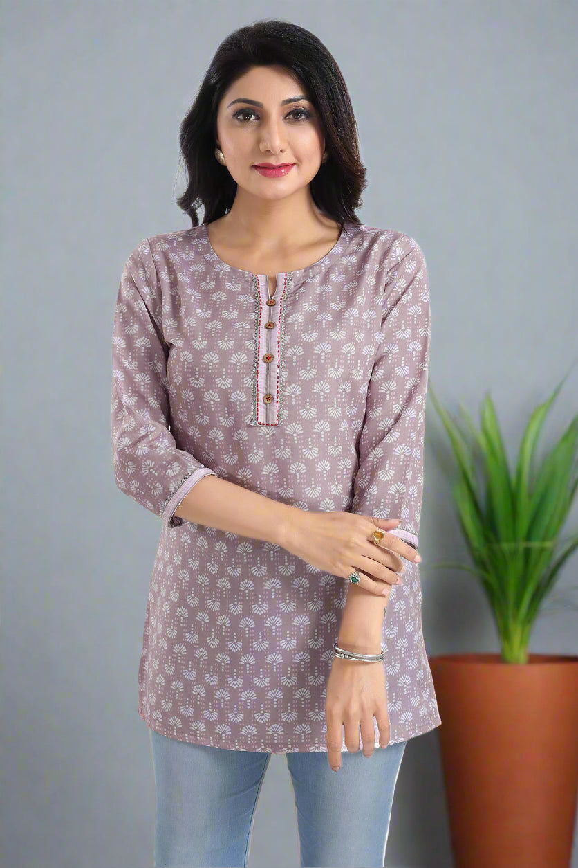 Elegant Dusty Pink Short Kurti | Designer Printed Rayon Fabric