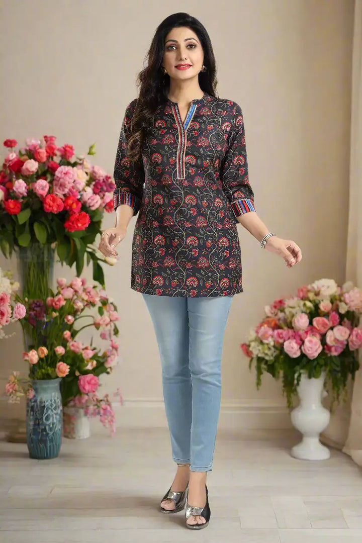 Black Rayon Short Kurti | Perfect Party Wear with Elegant Printed Design