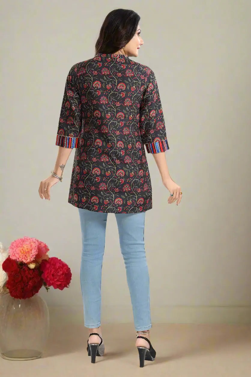 Black Rayon Short Kurti | Perfect Party Wear with Elegant Printed Design