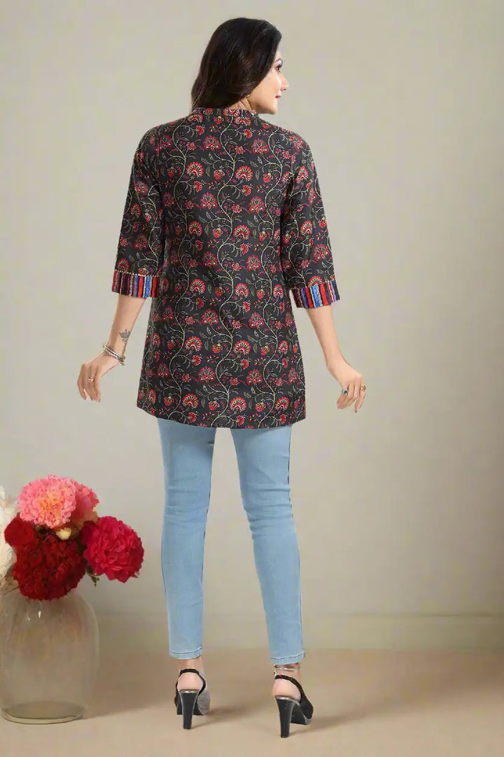 Black Rayon Short Kurti | Perfect Party Wear with Elegant Printed Design