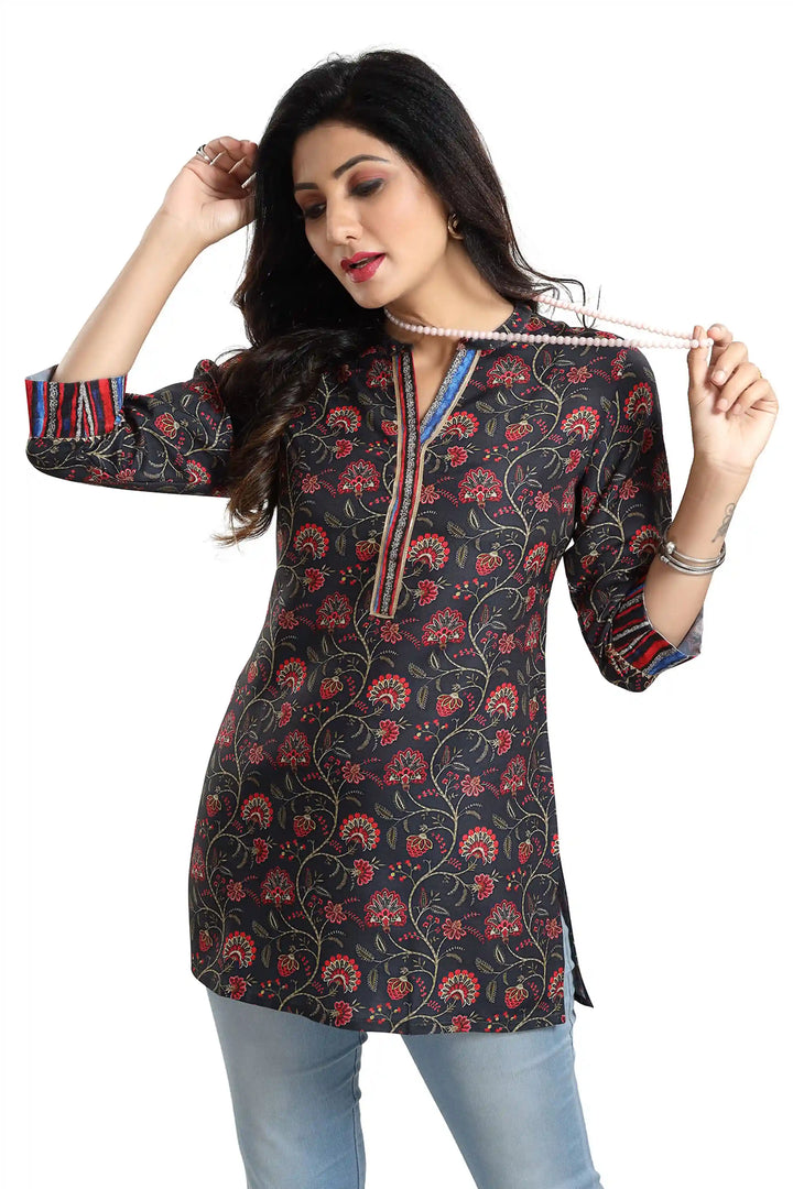 Black Rayon Short Kurti | Perfect Party Wear with Elegant Printed Design
