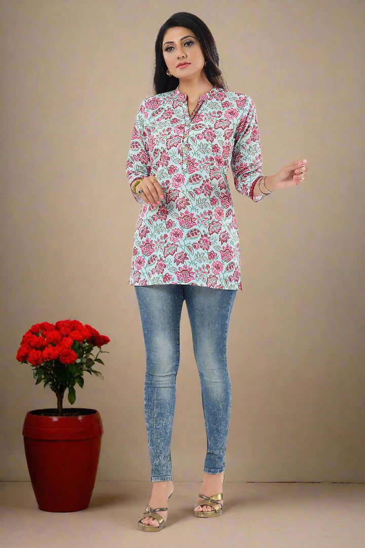 Sea Green Printed Short Kurti | Designer Rayon Wear for Women