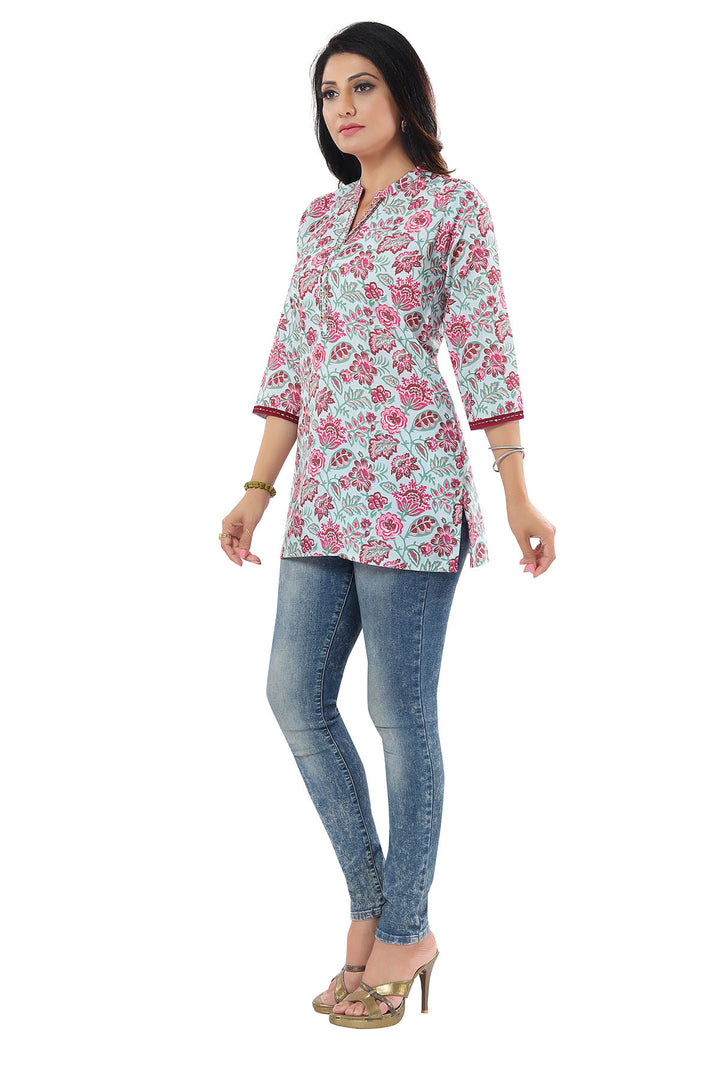 Sea Green Printed Short Kurti | Designer Rayon Wear for Women