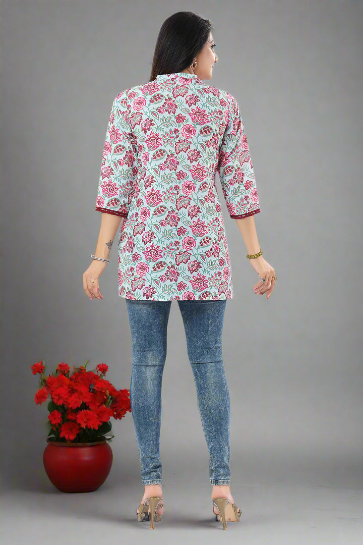 Sea Green Printed Short Kurti | Designer Rayon Wear for Women