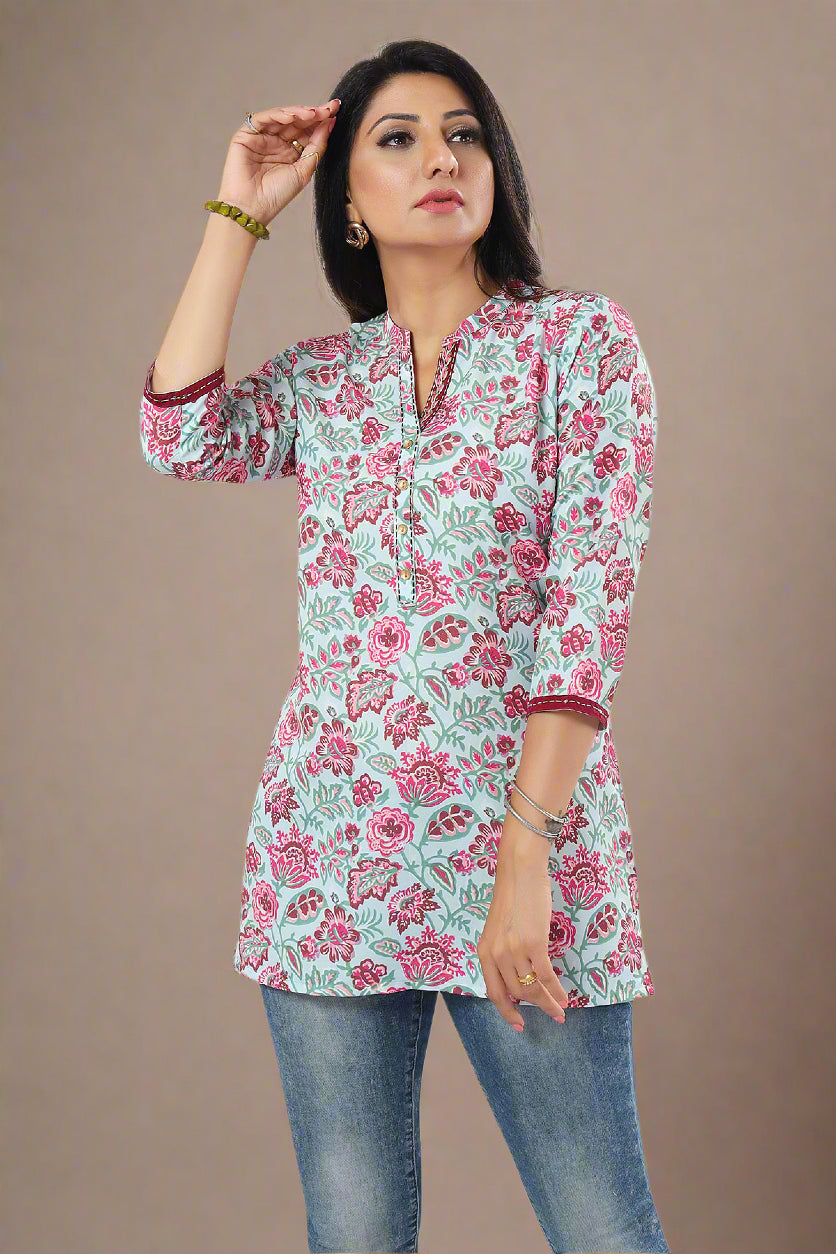 Sea Green Printed Short Kurti | Designer Rayon Wear for Women
