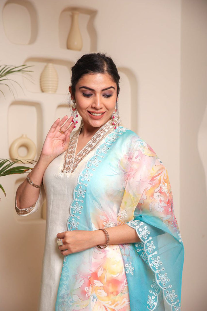 Elegant Off White Chanderi Cotton Salwar Suit | Organza Dupatta & Embroidery