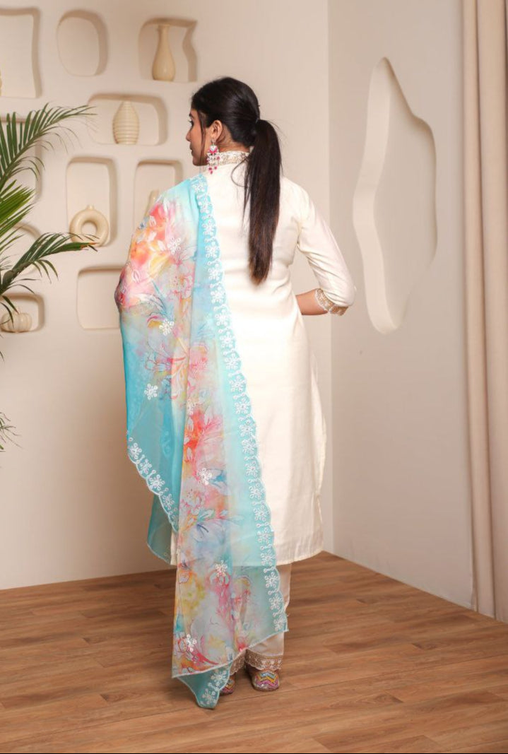 Elegant Off White Chanderi Cotton Salwar Suit | Organza Dupatta & Embroidery
