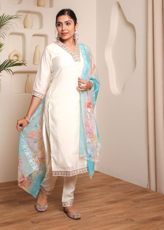 Elegant Off White Chanderi Cotton Salwar Suit | Organza Dupatta & Embroidery