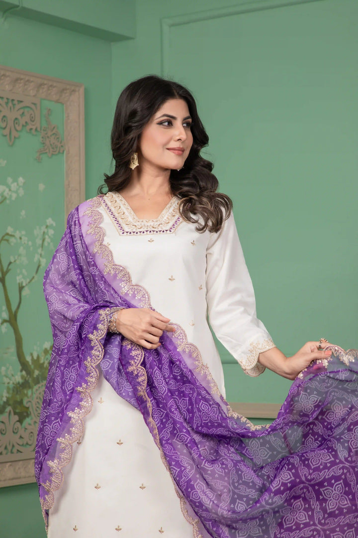 Designer Roman Silk Suit Off White Shade | Embroidery & Printed Look