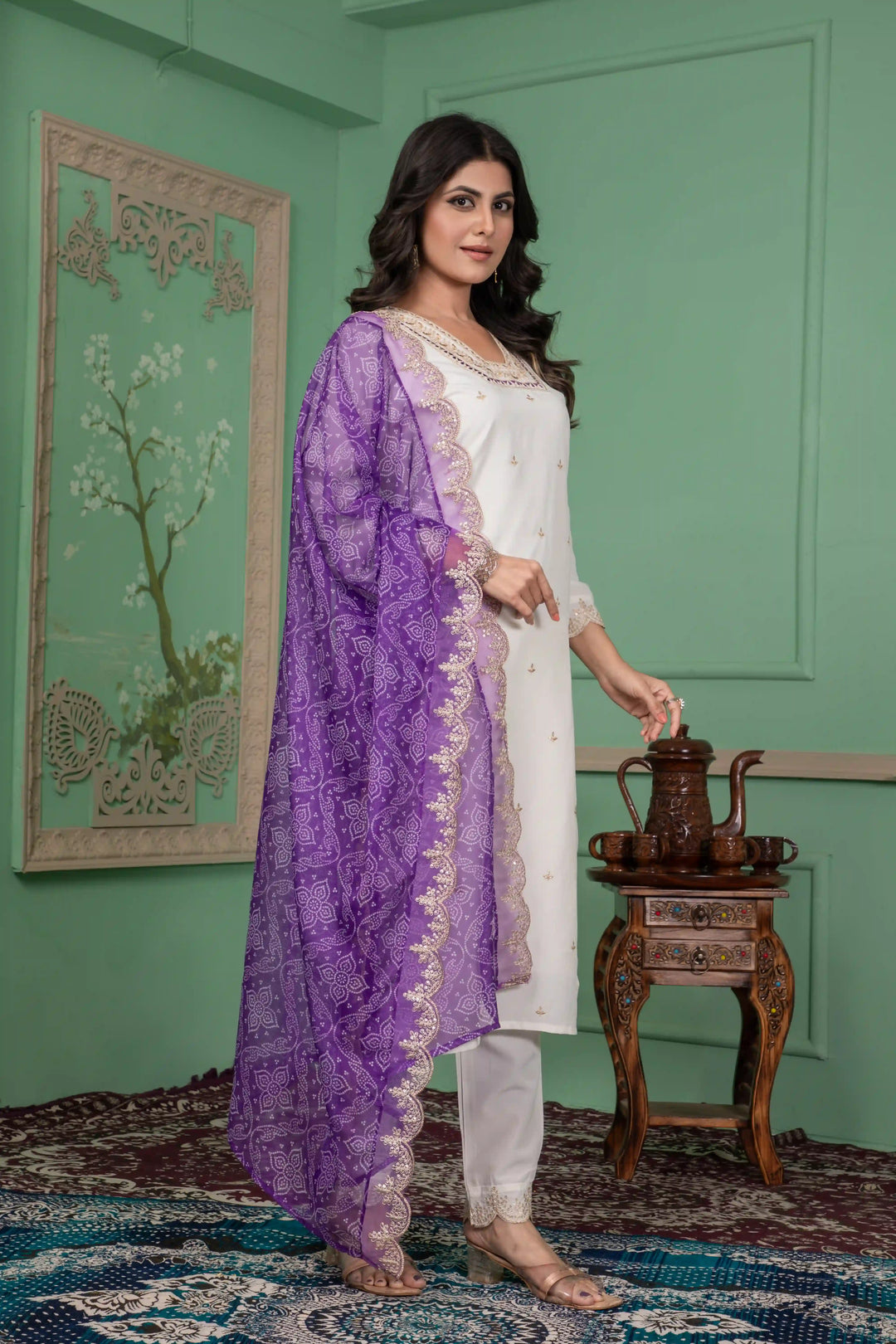 Designer Roman Silk Suit Off White Shade | Embroidery & Printed Look