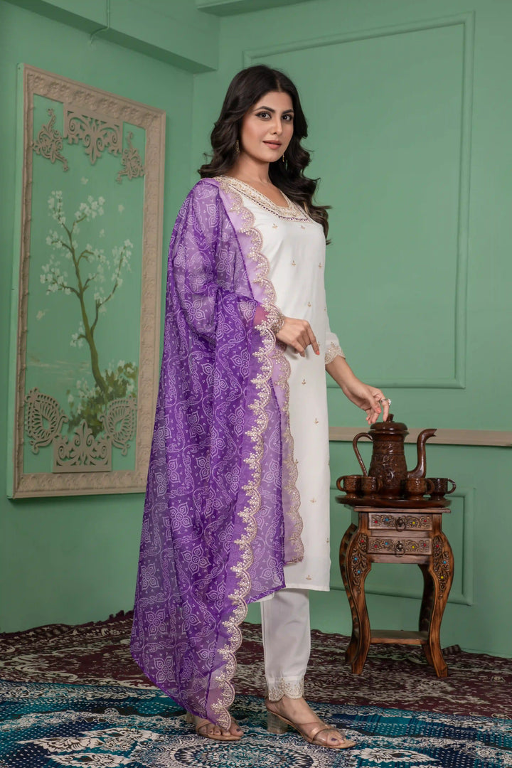 Designer Roman Silk Suit Off White Shade | Embroidery & Printed Look