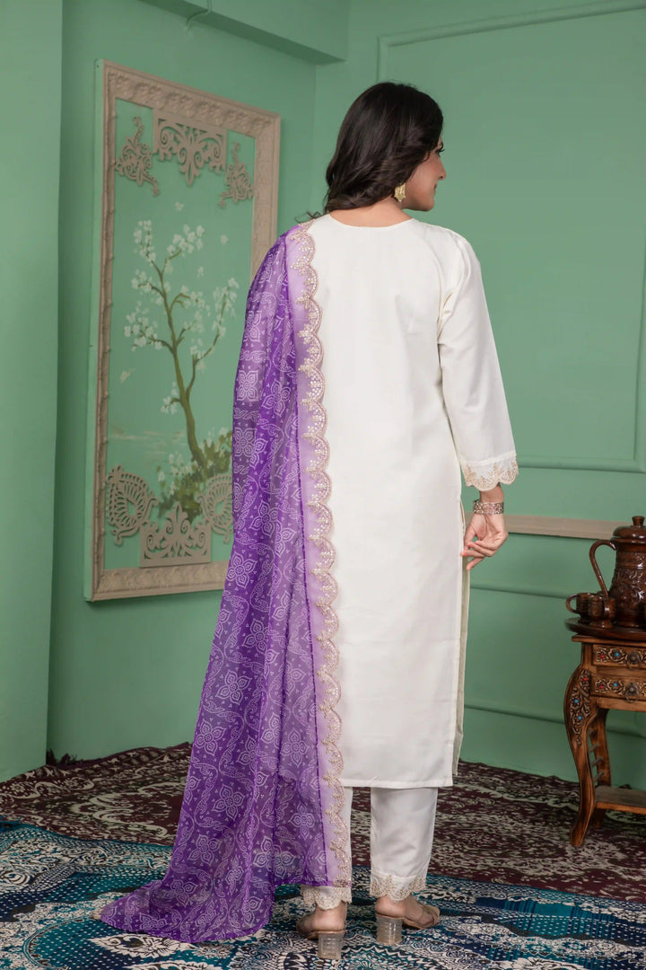 Designer Roman Silk Suit Off White Shade | Embroidery & Printed Look