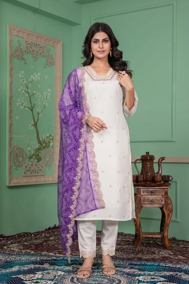 Designer Roman Silk Suit Off White Shade | Embroidery & Printed Look